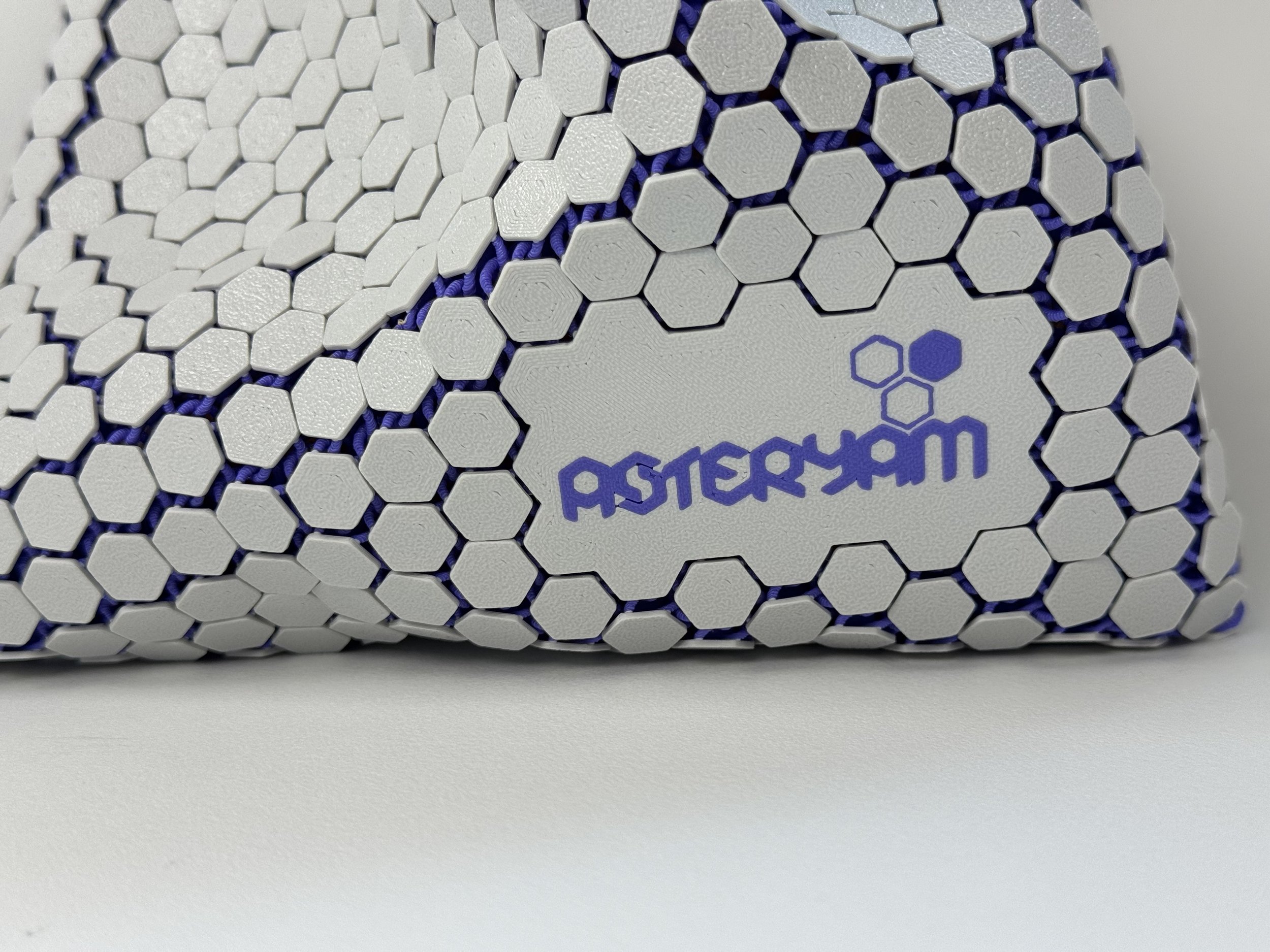 Macro shot of the ASTERYAM logo integrated into the grey and purple hexagonal lattice structure.