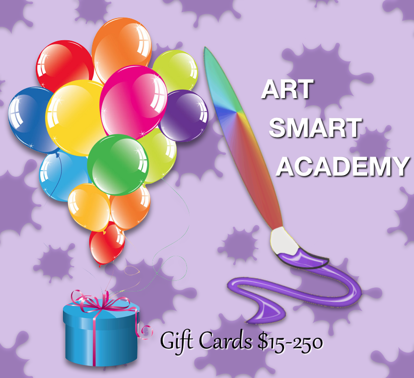 A cluster of colorful balloons, a gift box with a ribbon, and a paintbrush with purple paint on a lavender background with purple splatters, promoting Art Smart Academy gift cards.