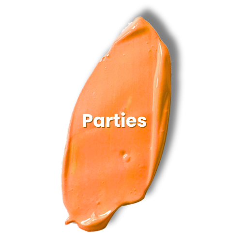 A smear of orange-colored lipstick with the word "Parties" written on it in white text.
