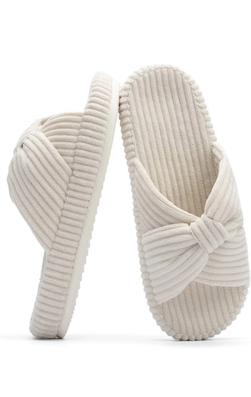  Cozy Corduroy Bow Crossbands Slide Slippers 
