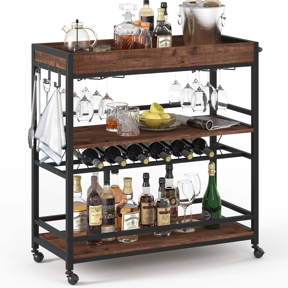  Rolling Bar Cart with  3 Shelves Wine Rack and Glass Holder 
