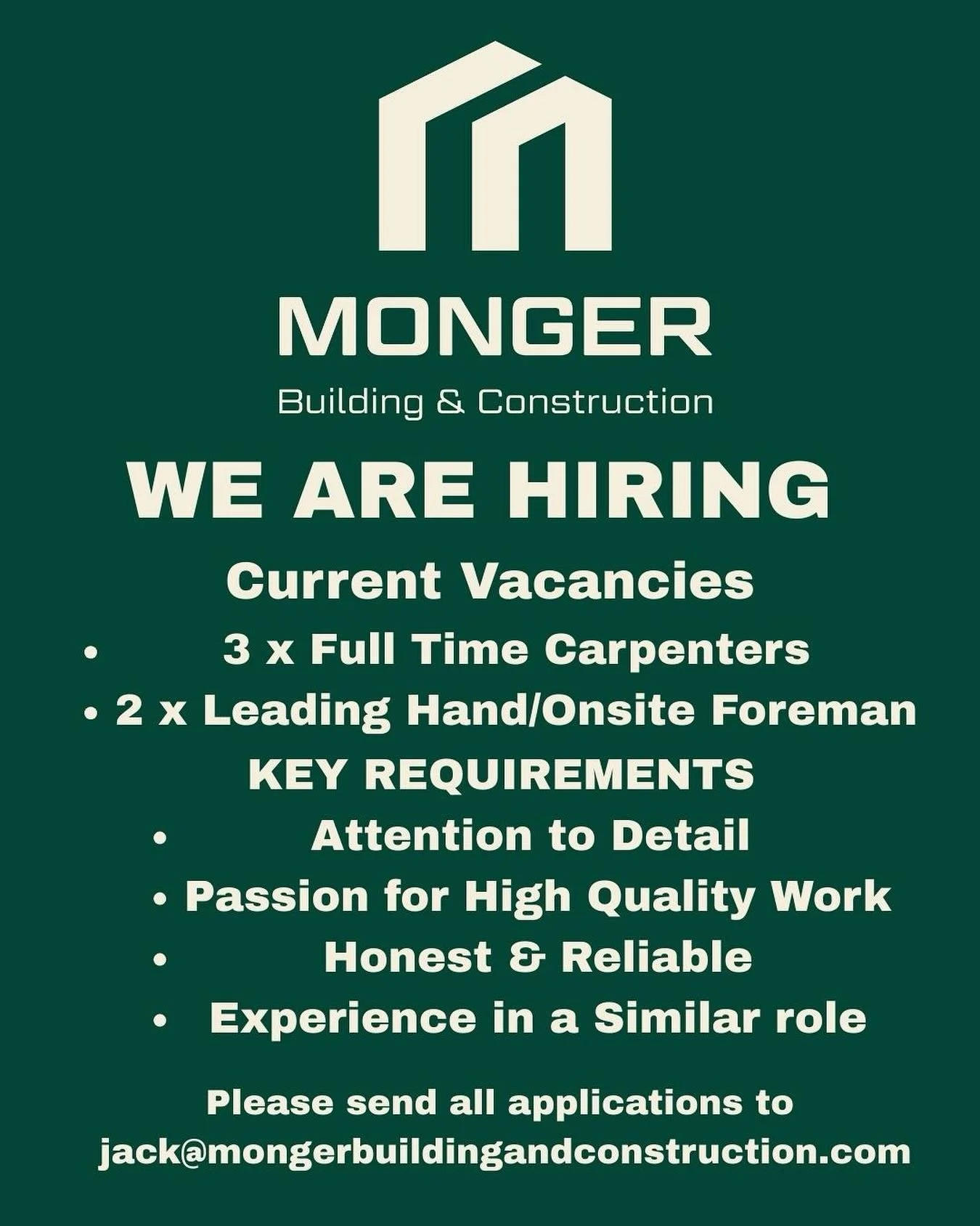 🚨 We&rsquo;re Hiring! 🚨
Monger Building &amp; Construction is expanding and we&rsquo;re on the lookout for top talent.
👷&zwj;♂️ 3 x Full-Time Carpenters
🔨 2 x Leading Hand Carpenters
If you&rsquo;re passionate about high-quality building, take pr