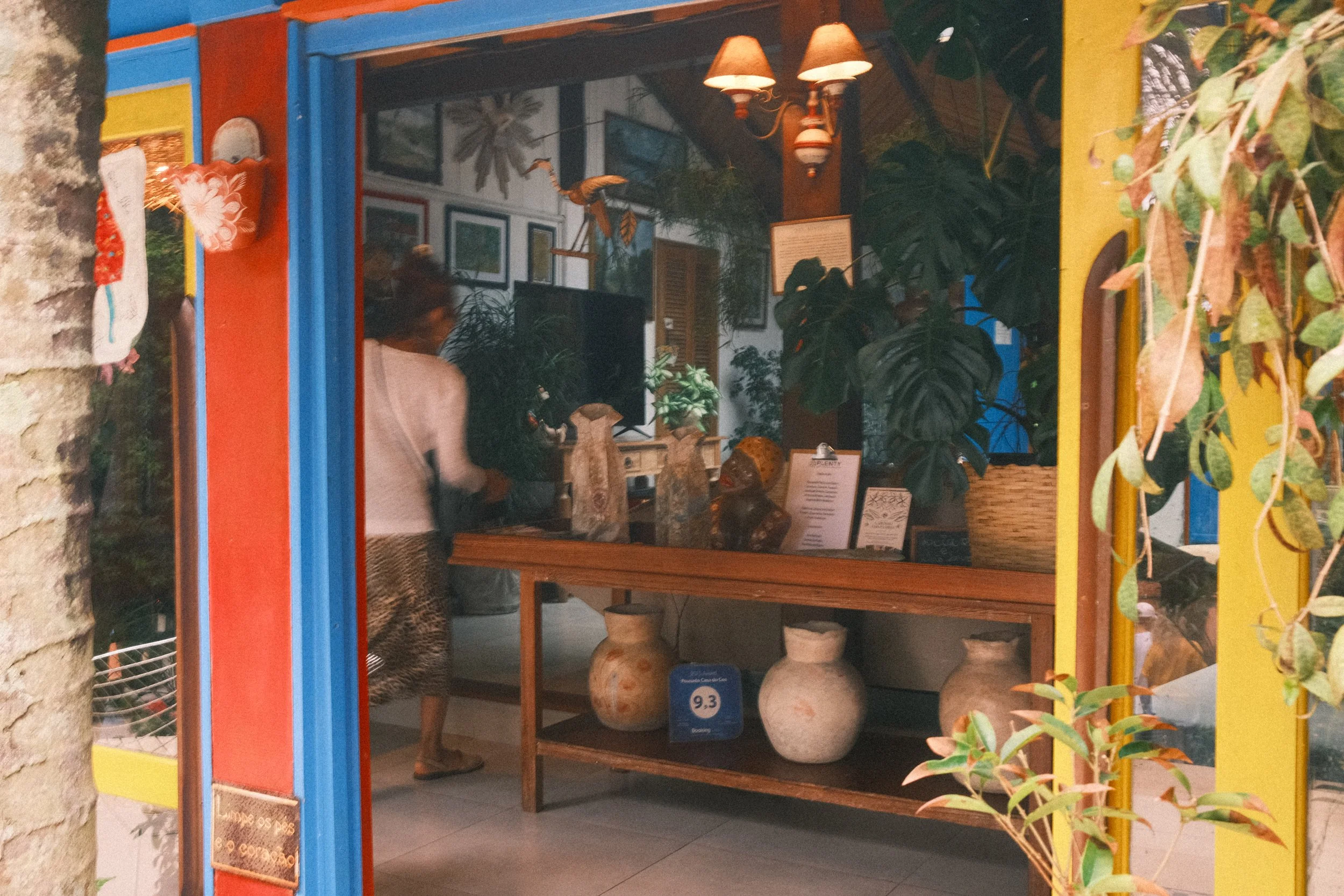 View through a colorful doorway into a cozy, decorated interior space with potted plants, framed artwork, and a person inside.