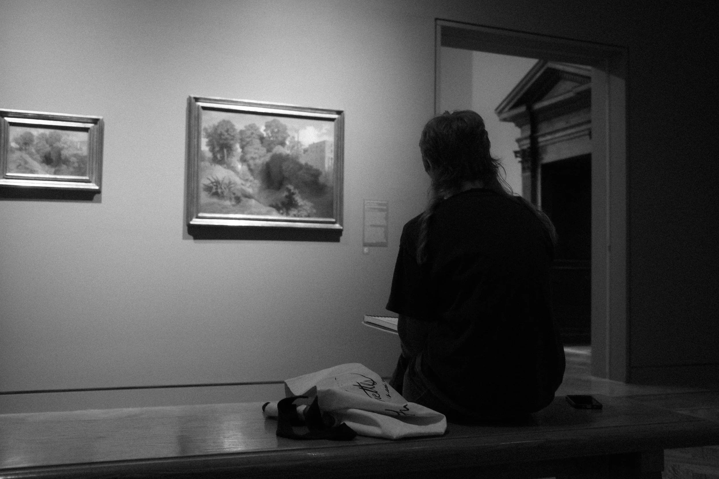 A person with long hair sitting on a bench in an art gallery, looking at framed landscape paintings on the wall.