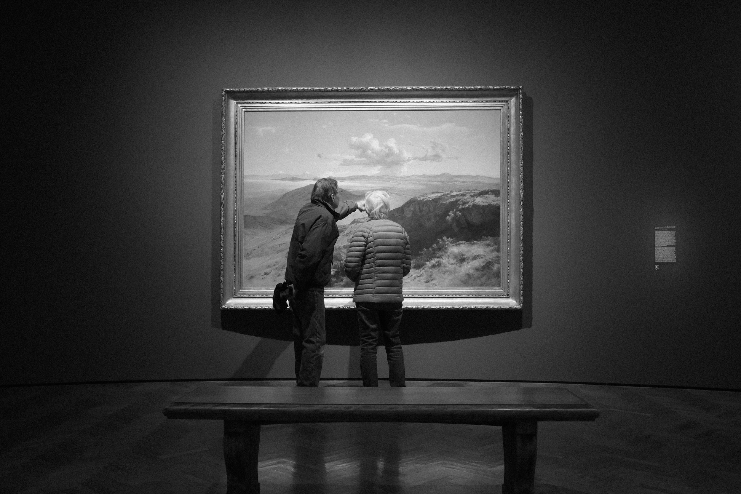 Two people, an older man and woman, viewing a landscape painting in a gallery, black and white