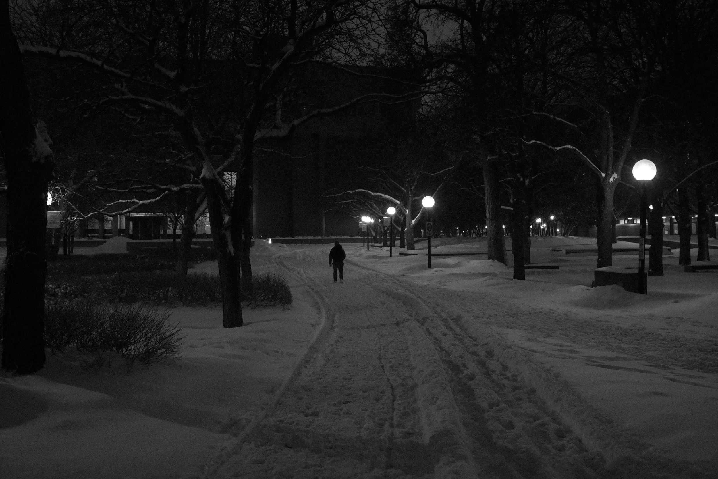A person walking alone on a snow-covered pathway at night, illuminated by street lamps in a park with trees.