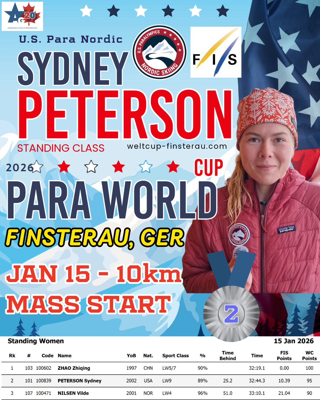 Sydney Peterson wins Silver in the 2nd FIS Para Cross Country World Cup event in Finsterau, Germany