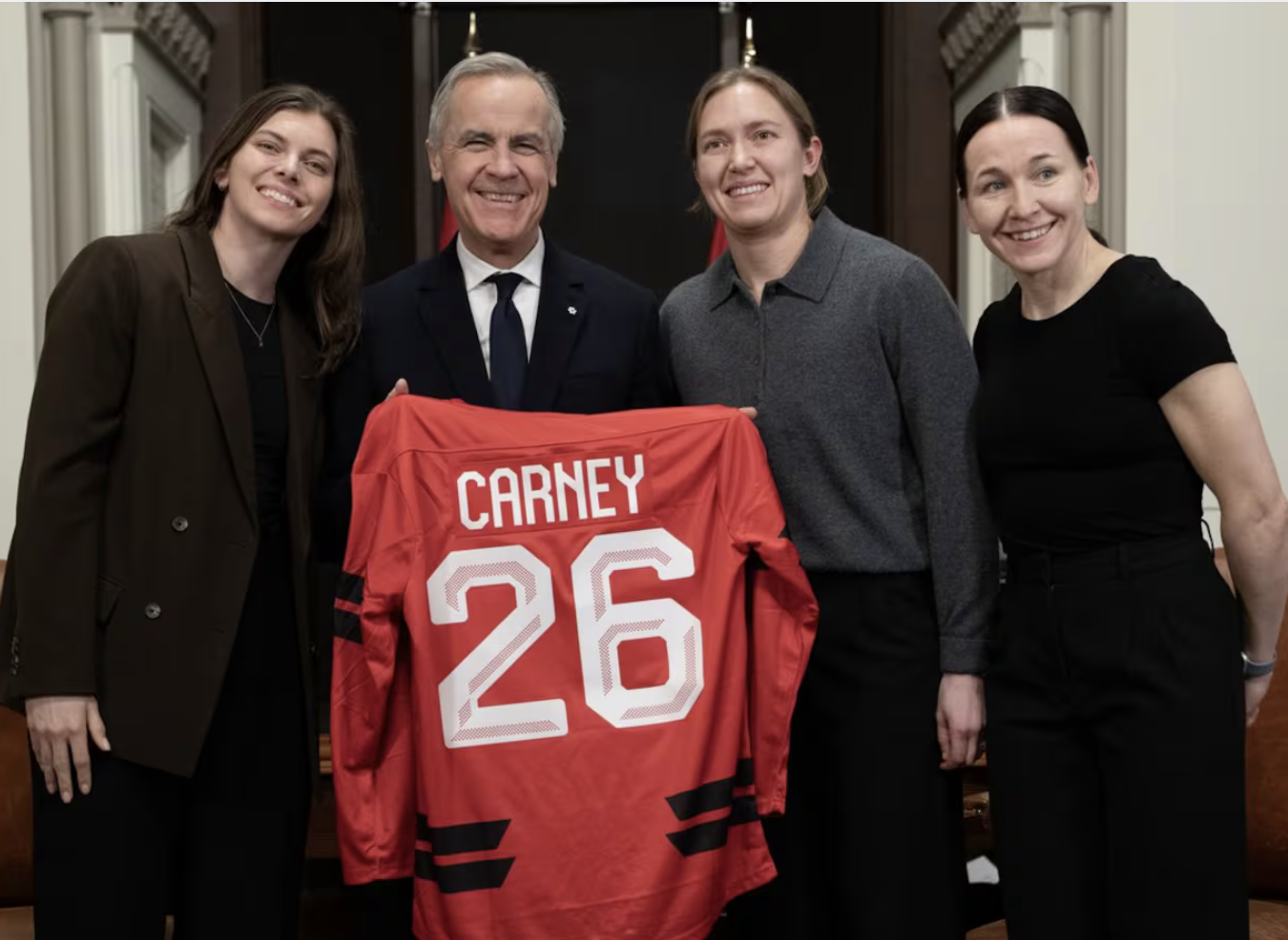 Prime Minister Mark Carney meets with national women’s hockey team members; Emily Clark, Brianne Jenner and Jocelyn Larocque