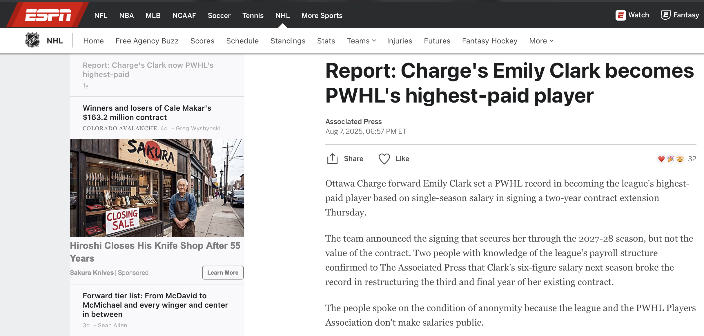 Report: Charge's Emily Clark becomes PWHL's highest-paid player
