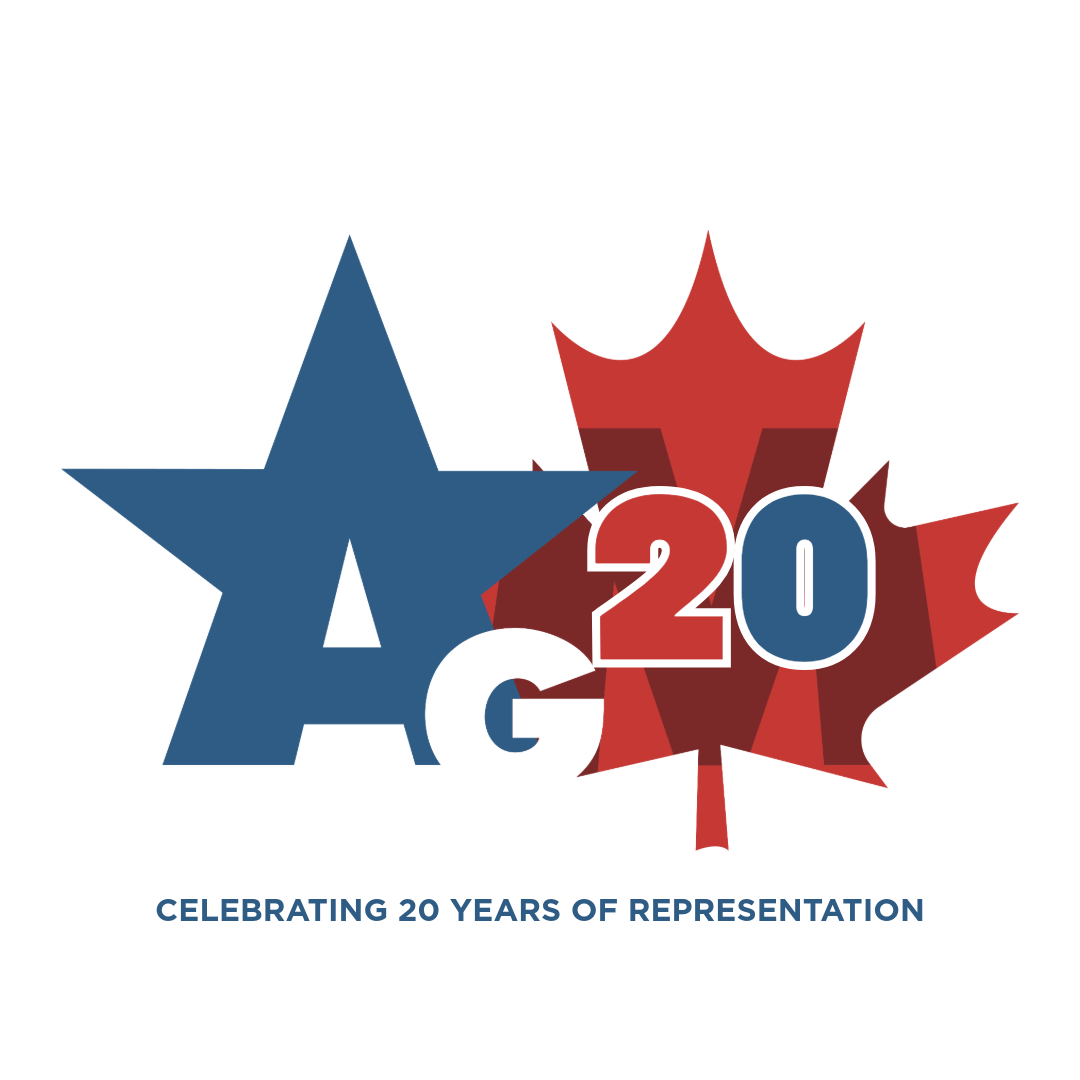 Graphic with a blue star, a red maple leaf, and the text "AC 20" indicating 20 years of representation.