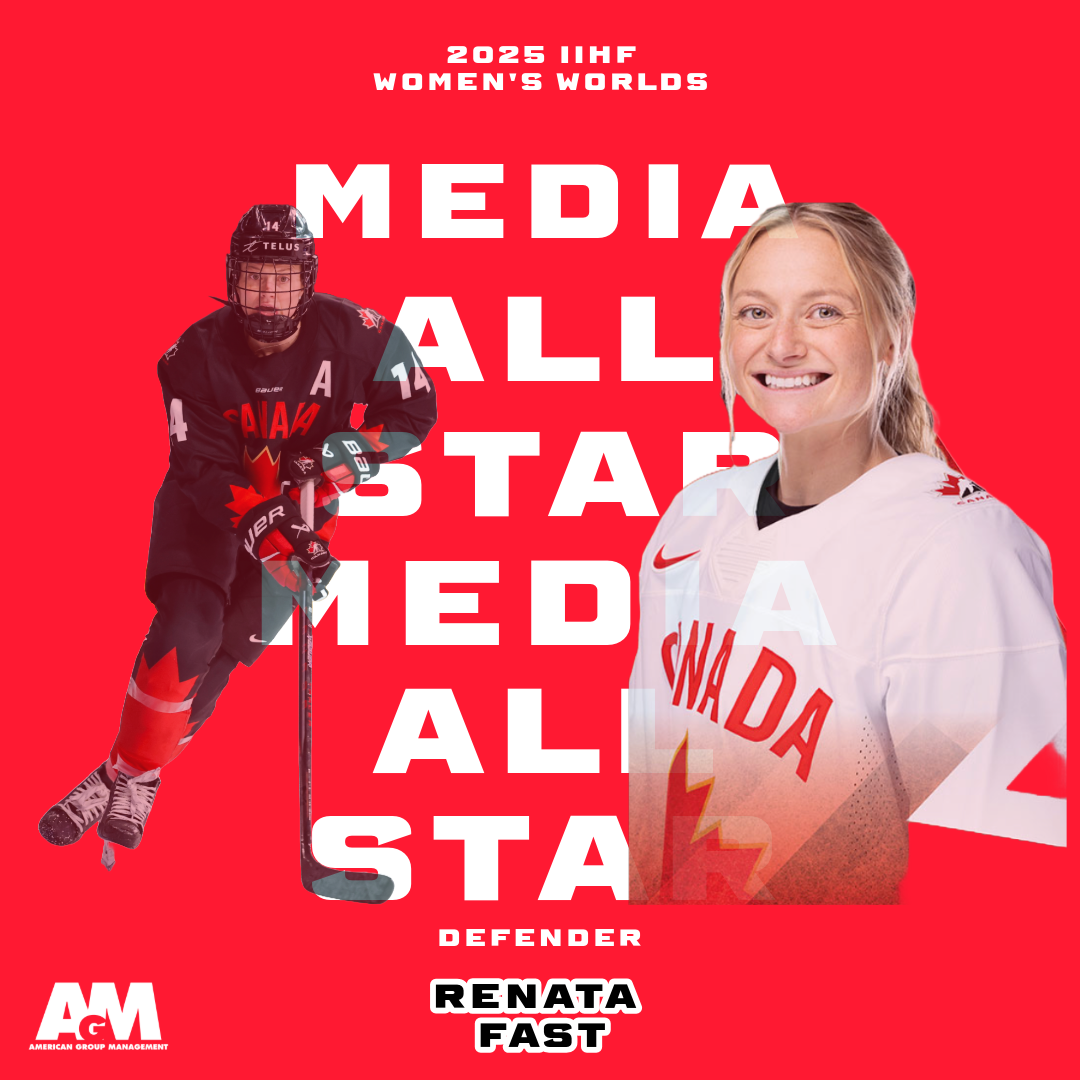 Red promotional poster for the 2025 IIHF Women's Worlds media all-star team, featuring Renata Fast as an ice hockey player in a white Canada jersey and in a black team jersey, with text recognizing Renata Fast as a defender.