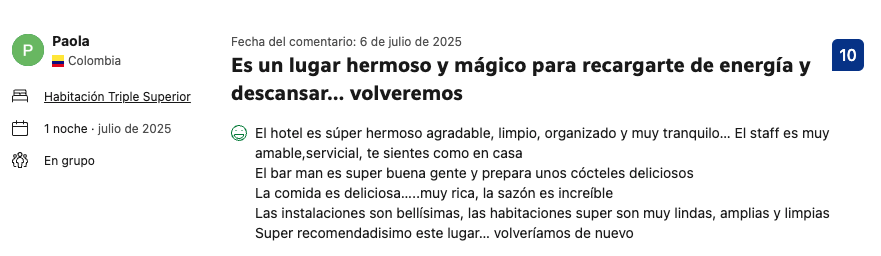 Reseña de un hotel de lujo en Colombia, resaltando su belleza, limpieza, buena atención y ambiente tranquilo para descansar y recargar energías.