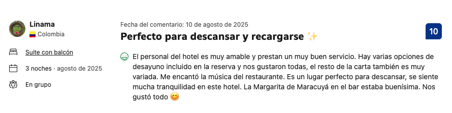 Opinión de un huésped en La Mar de Bien, un hotel en Colombia, destacando la amabilidad del personal, buena comida y tranquilidad en el lugar.