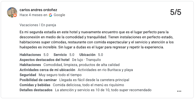 Reseña del hotel La Mar de Bien en Google. Incluye calificación 5/5, descripción de las instalaciones, servicios, habitaciones, seguridad y actividades cercanas.