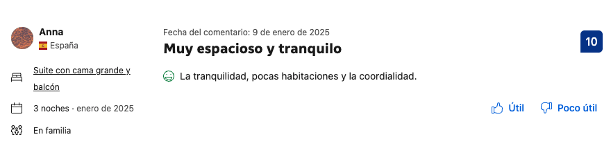 Revisión de una publicación en una red social sobre un suite en Buritaca, Magdalena, Colombia, que describe un ambiente espacioso y tranquilo con poca cantidad de habitaciones y buena coordinación, en enero de 2025.