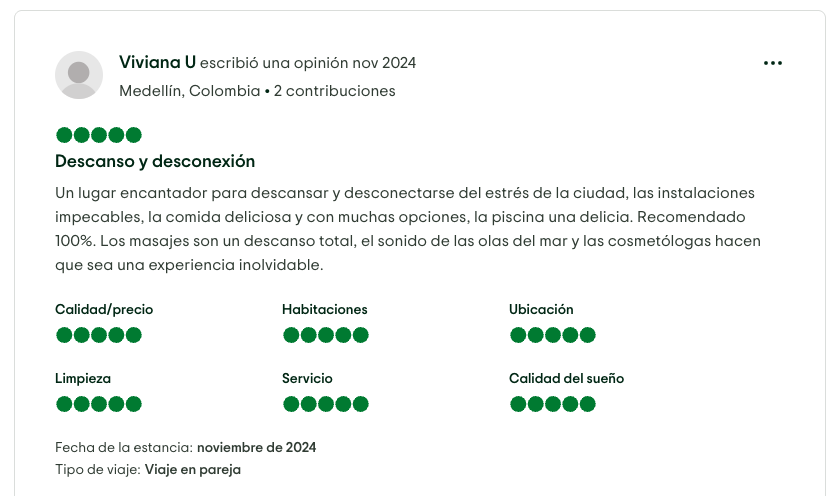 Opinión de usuario sobre un lugar de descanso y desconexión cerca a Santa Marta, Colombia, destacando su ambiente relajante, instalaciones, piscina, servicios, y calidad del sueño.