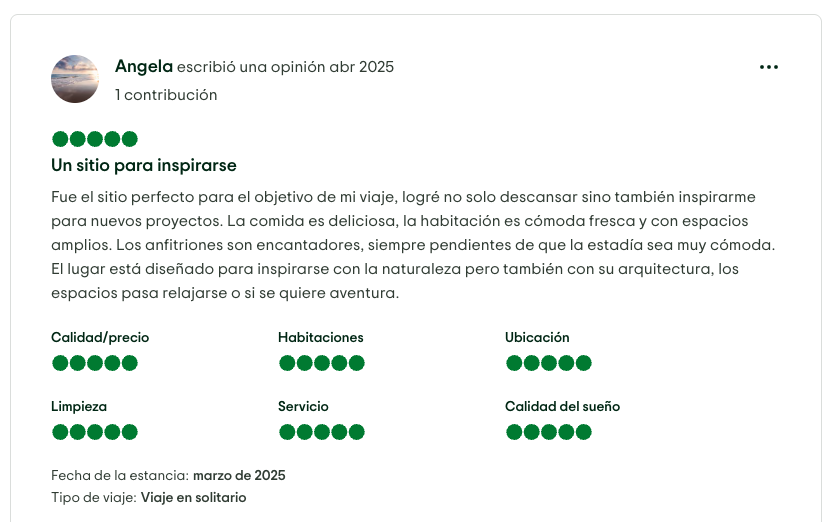 Reseña de un sitio para hospedarse cerca al parque Tayrona en abril de 2025 con calificaciones altas en calidad, habitaciones, ubicación, limpieza, servicio y calidad del sueño, en marzo de 2025, en viaje en solitario.
