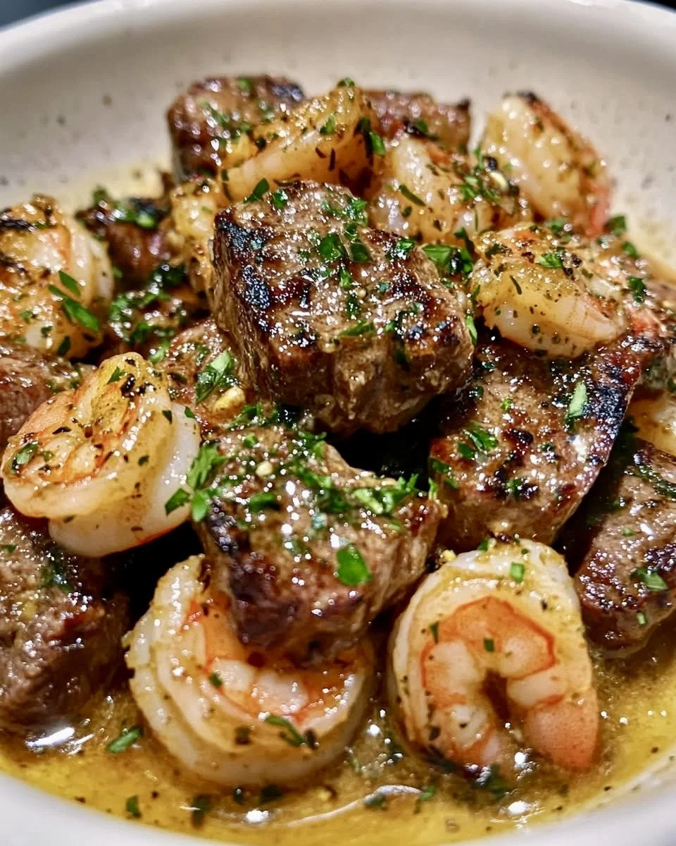 Carne de res con camarones en salsa, especiada y garnida con hierbas frescas.