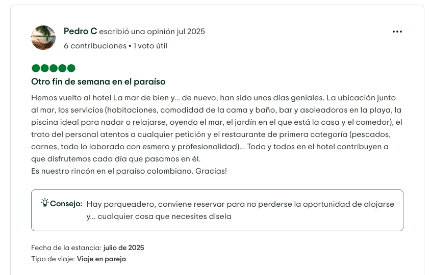 Reseña sobre un fin de semana en La Mar de Bien, un hotel junto al mar en Colombia, con servicios de playa, piscina, restaurante y habitación cómoda.