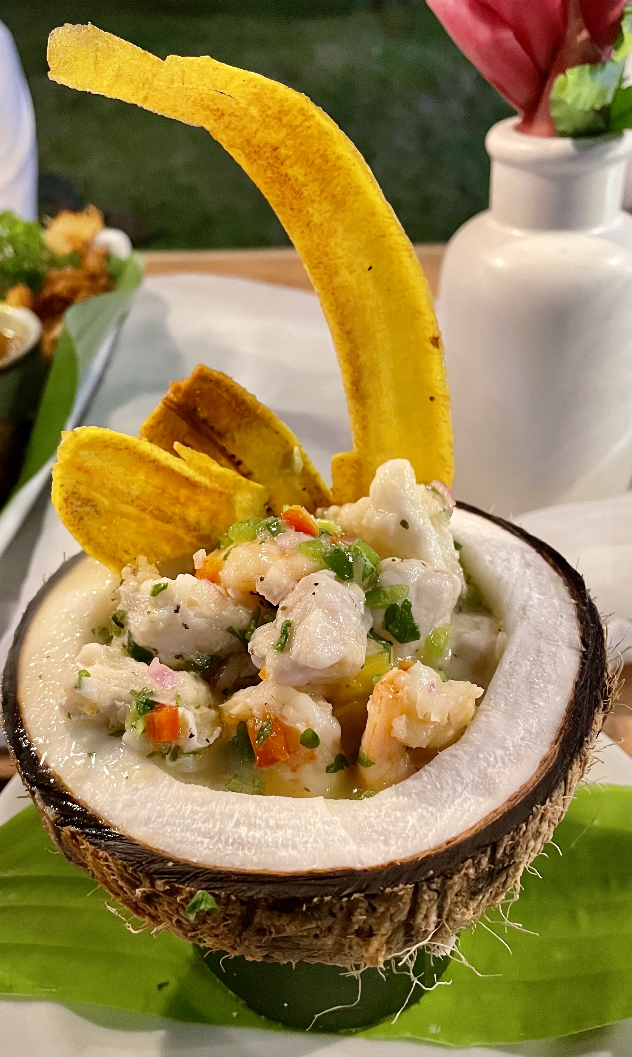 Ceviche de pescado y camarón, dentro de un coco cortado por la mitad como recipiente, decorado con chips de plátano y cebolla en un plato con hoja de plátano.
