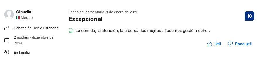 Reseña de hotel que destaca la comida, atención y alberca, en una habitación doble estándar en diciembre de 2024, en familia.