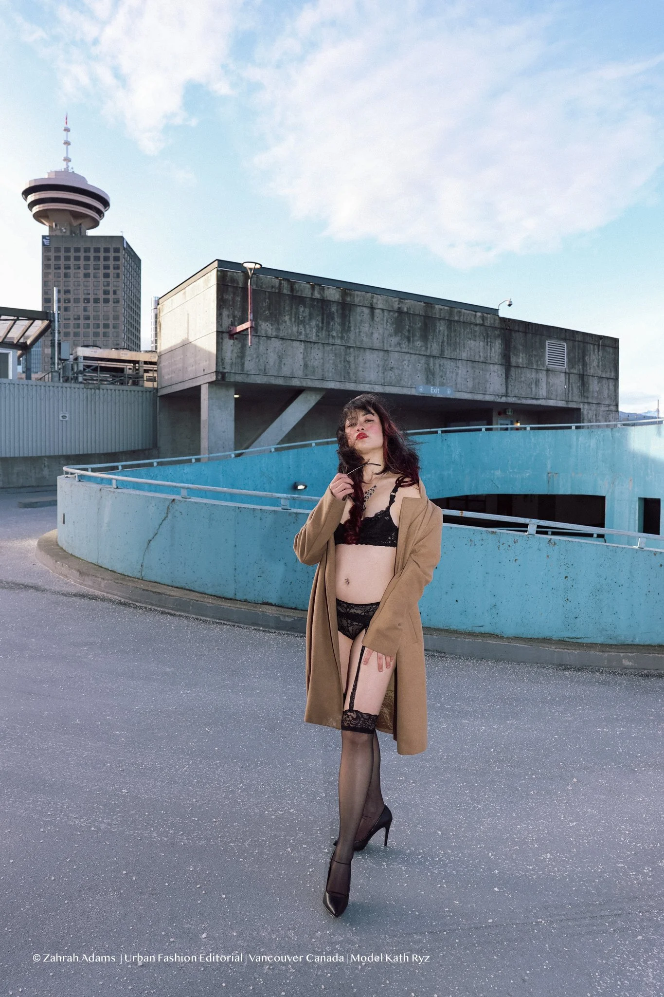 Cinematic boudoir photography by Zahrah Photo capturing femininity, confidence, fashion inspired styling, and atmospheric storytelling through editorial rooftop portraiture in Vancouver.