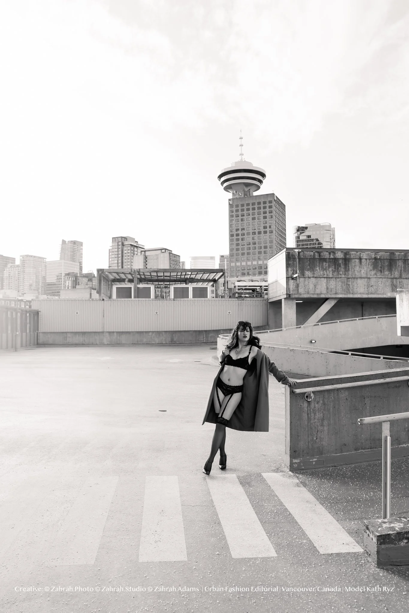 Cinematic boudoir photography by Zahrah Photo capturing femininity, confidence, fashion inspired styling, and atmospheric storytelling through editorial rooftop portraiture in Vancouver.