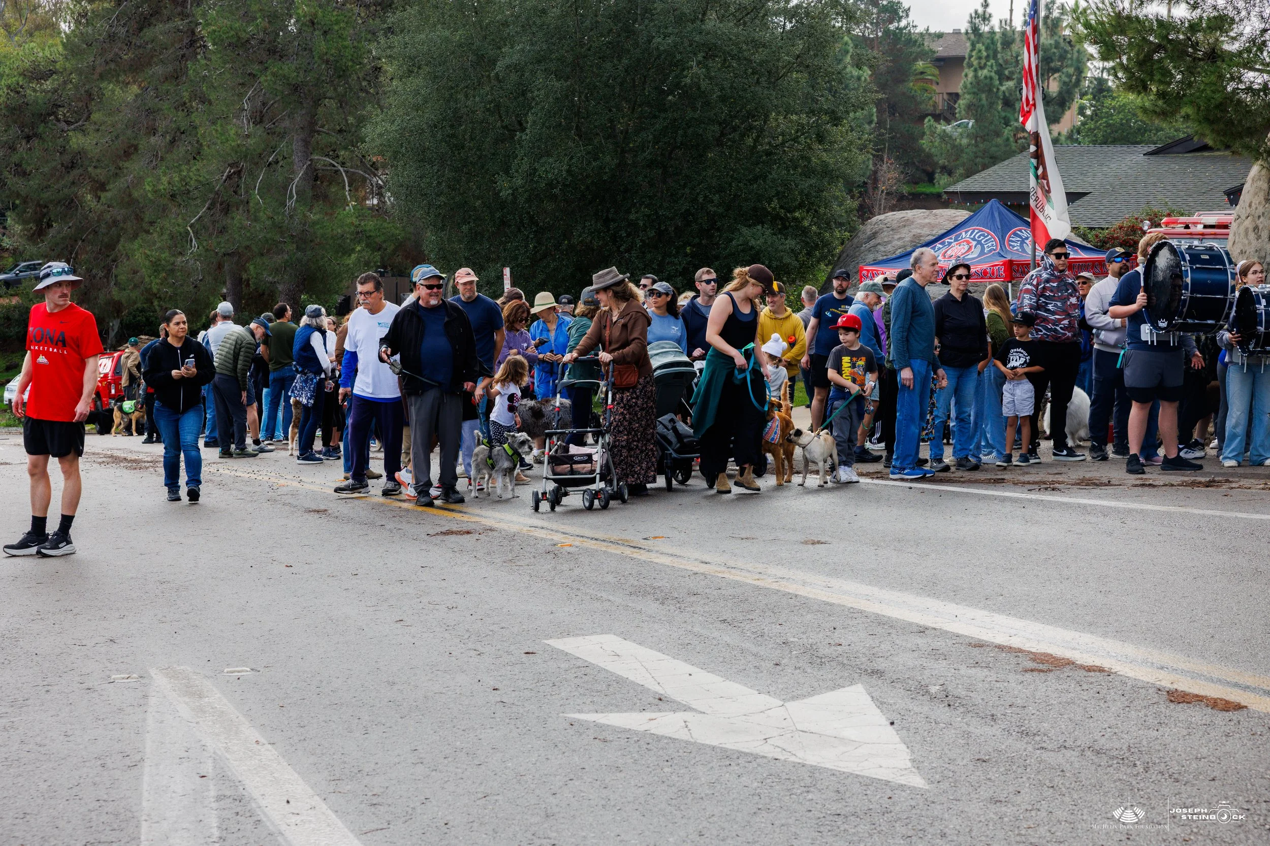 A large crowd of people, including children and dogs, standing in line on a street with trees in the background. Some people are pushing strollers and holding leashes, with a few tents and flags visible.