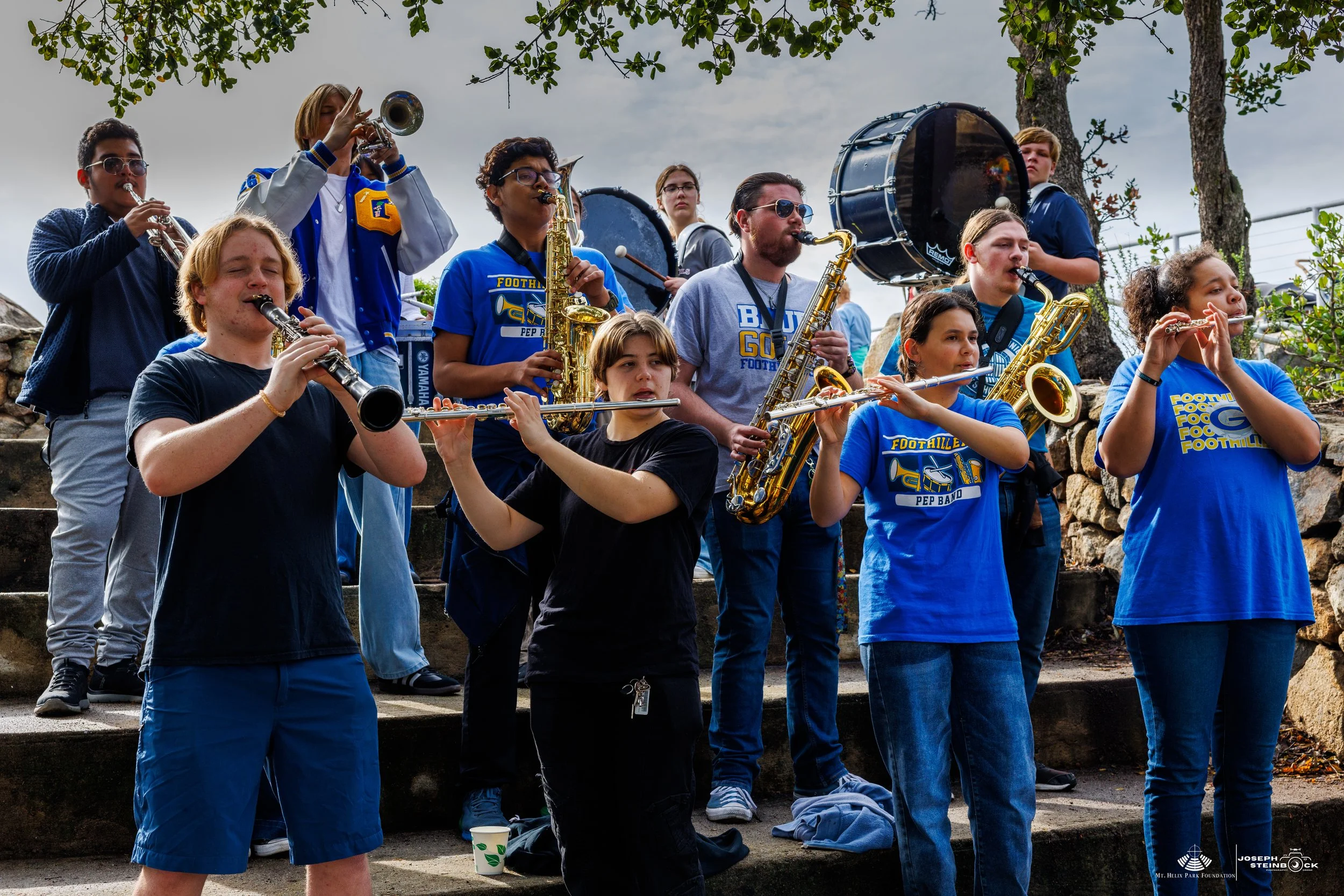 A group of young musicians playing various instruments outdoors, including saxophones, clarinet, trumpet, and drums, on steps with trees and cloudy sky in the background.