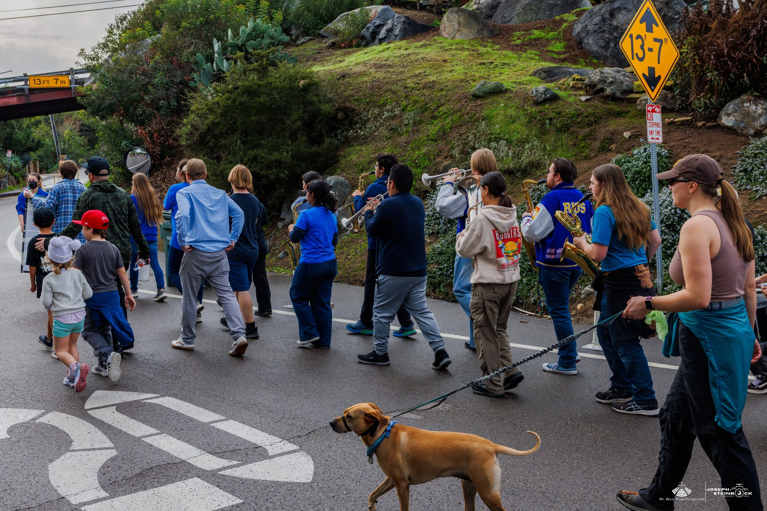 A group of people, including children and adults, walking across a street while some are playing musical instruments like saxophones and trumpets. There is a dog on a leash in the foreground. The background includes a hillside with rocks and plants, 