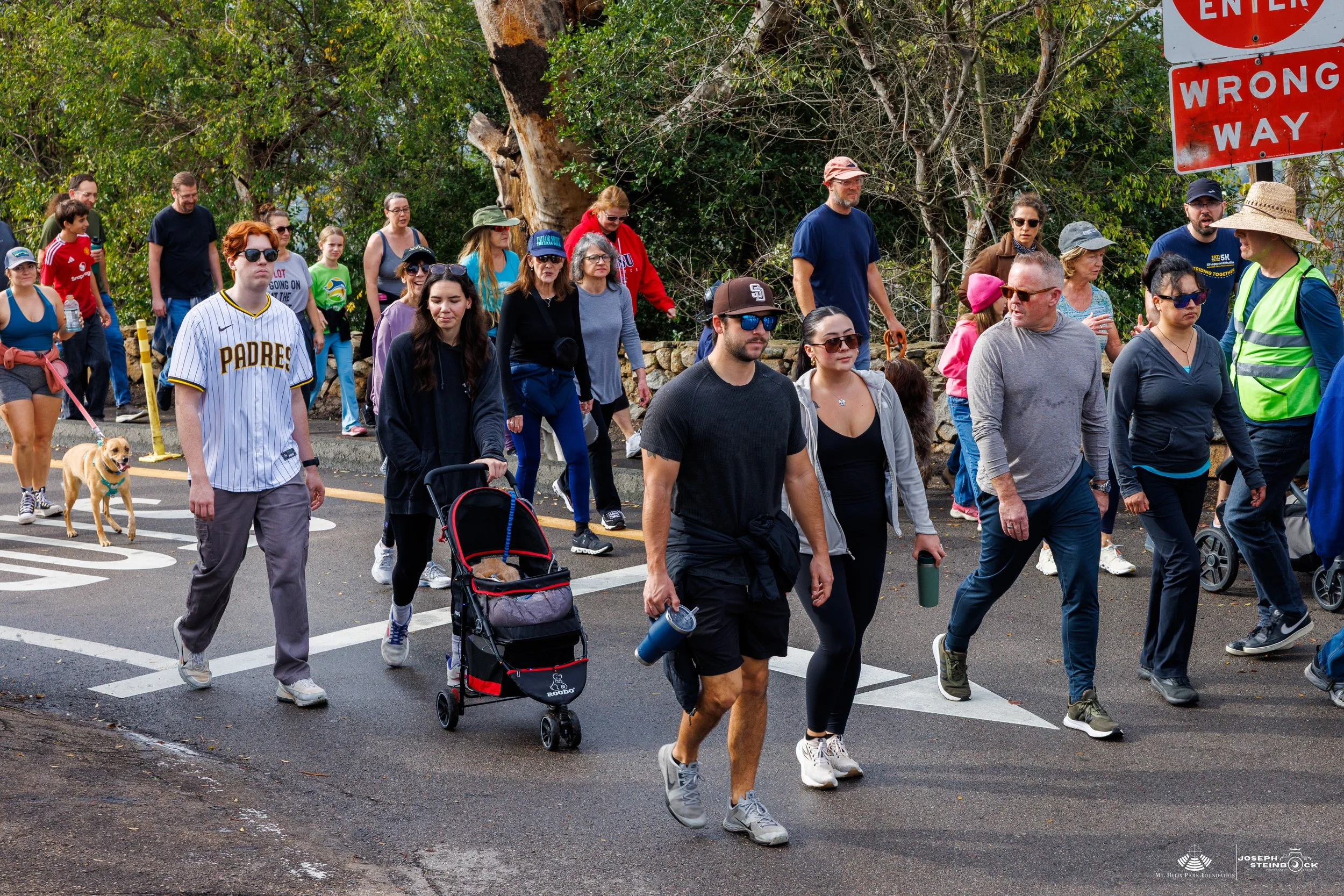 A diverse group of people walking across a street with a pedestrian crosswalk, some carrying water bottles, a stroller with an animal, and wearing casual clothing and sunglasses, with trees and red warning signs in the background.
