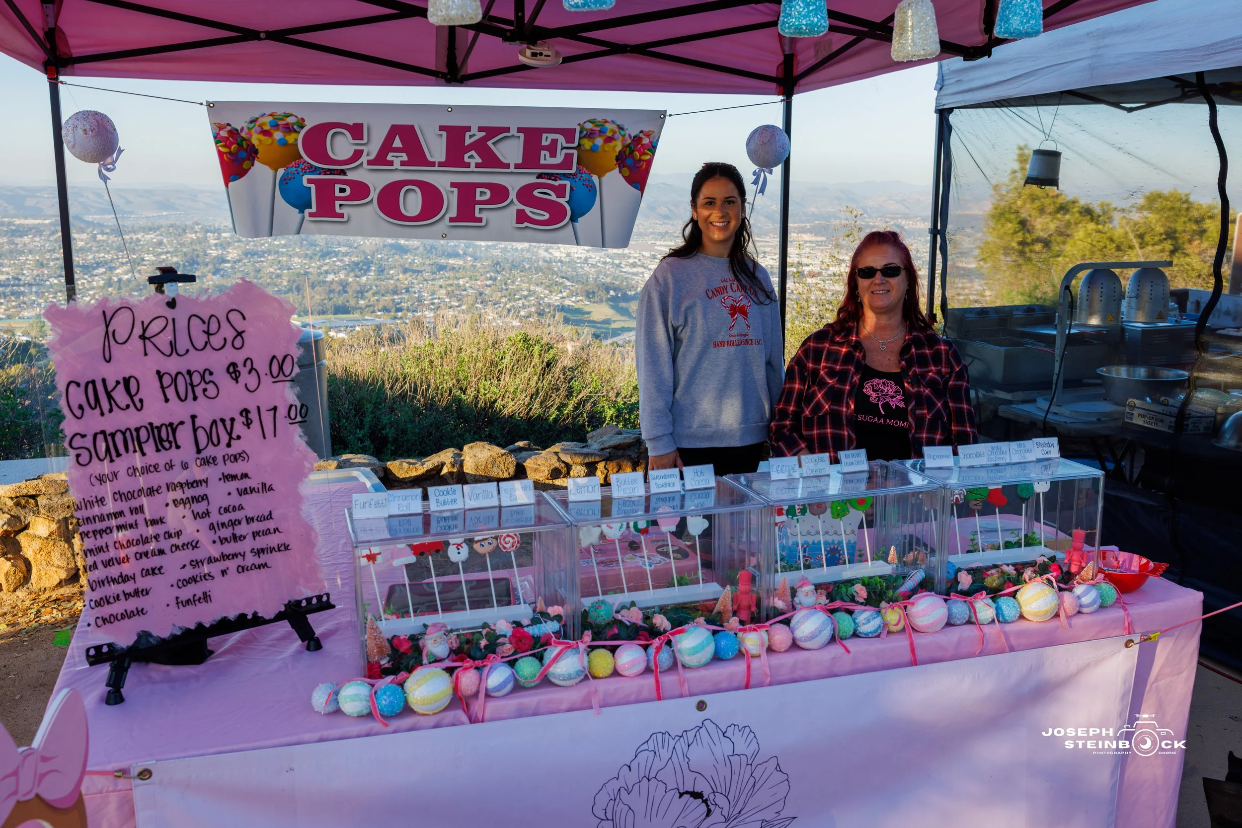 A colorful outdoor cupcake and cake pop stand at a fair with two women behind the table, a pink sign listing prices, and a scenic view in the background.