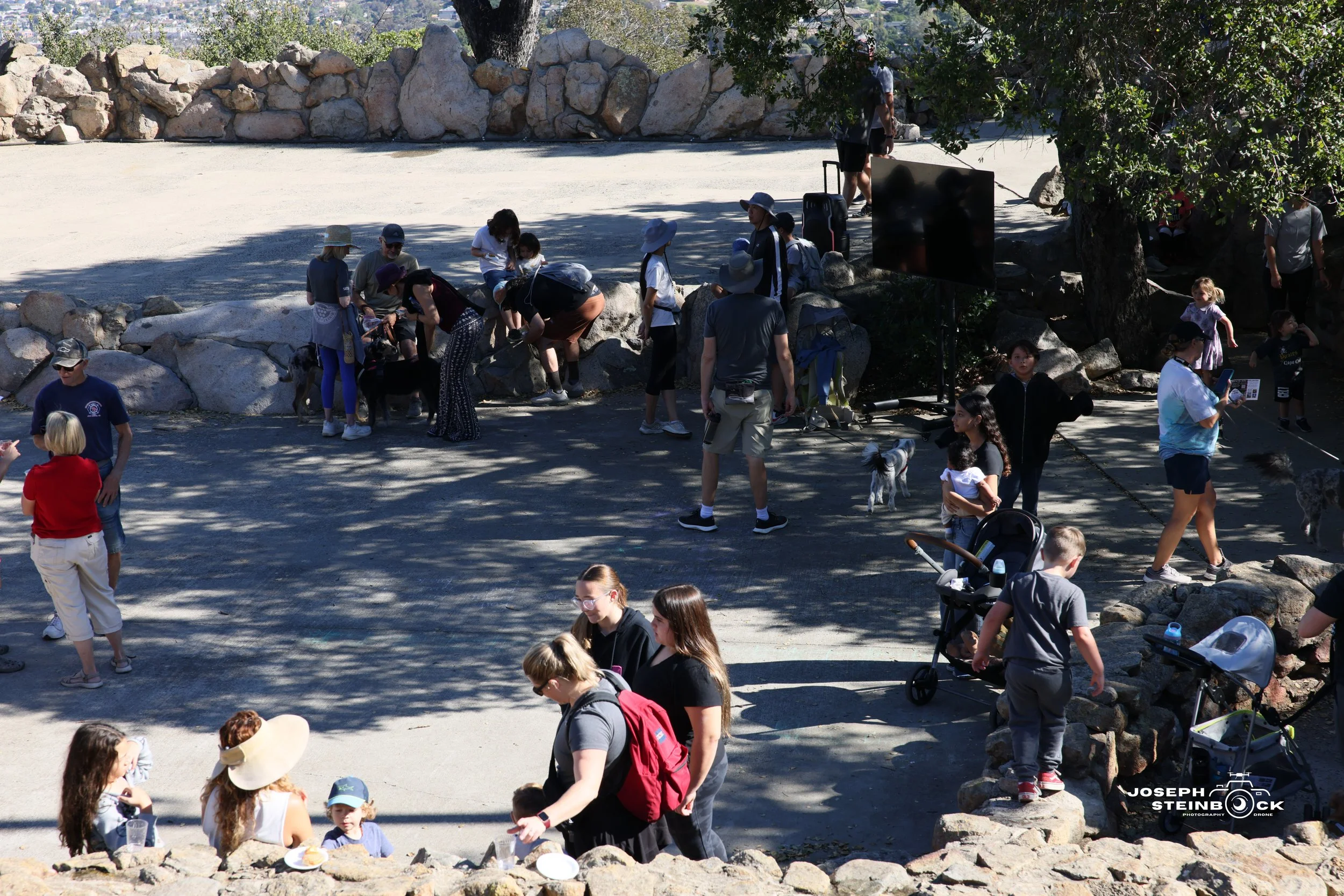 People gathered outdoors in a park with a rock wall, some sitting and others standing, including children, adults, and dogs. There is a large tree providing shade, and a parked stroller visible. The scene appears to be a community or family outing on