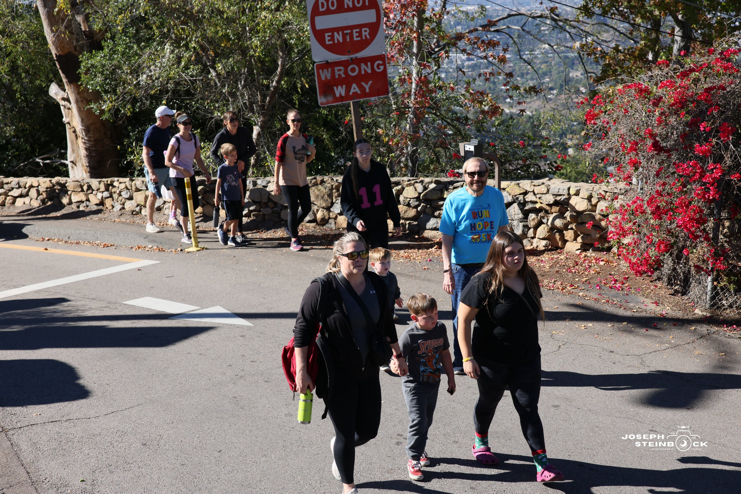 A group of people, including children and adults, walking across a street near a stone wall and trees with red flowers. Traffic signs indicating no entry and wrong way are visible in the background.