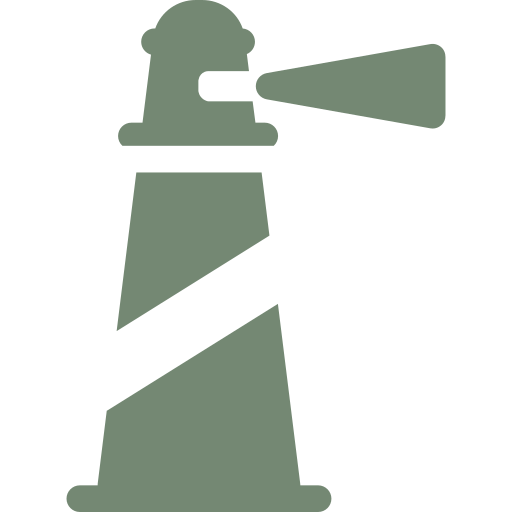 Silhouette of a lighthouse with a light beam shining to the right.