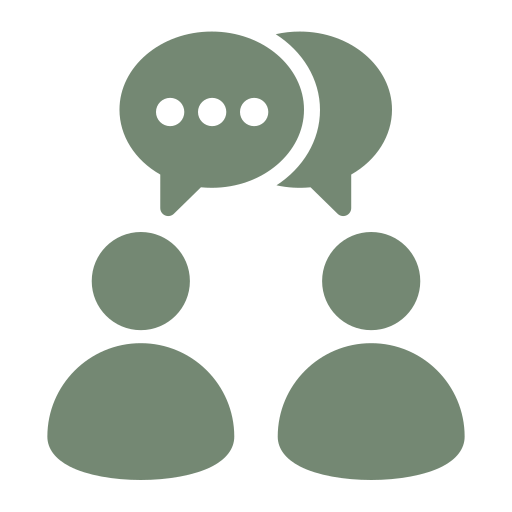 Two abstract human figures engaging in conversation, with speech bubbles above them.