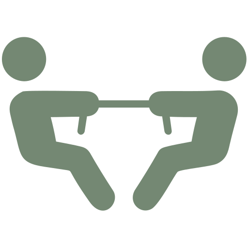 Icon of two people sitting at a table facing each other, holding a string connected between the two.