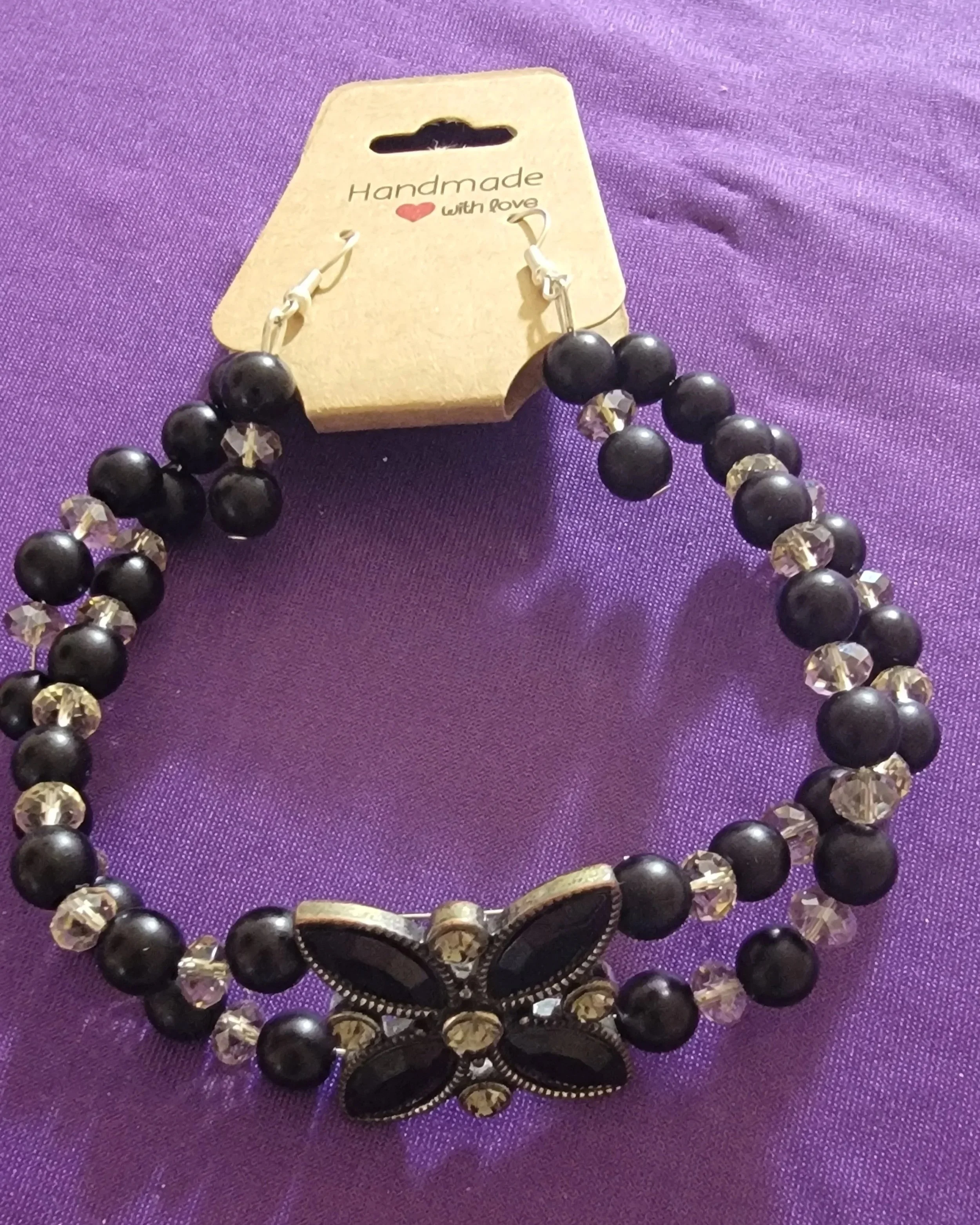 Smokey Quartz Gem w/ Black Glass Wire Beaded and Black Flower Broach w/ Smokey Rhinestone and Silver Clasp