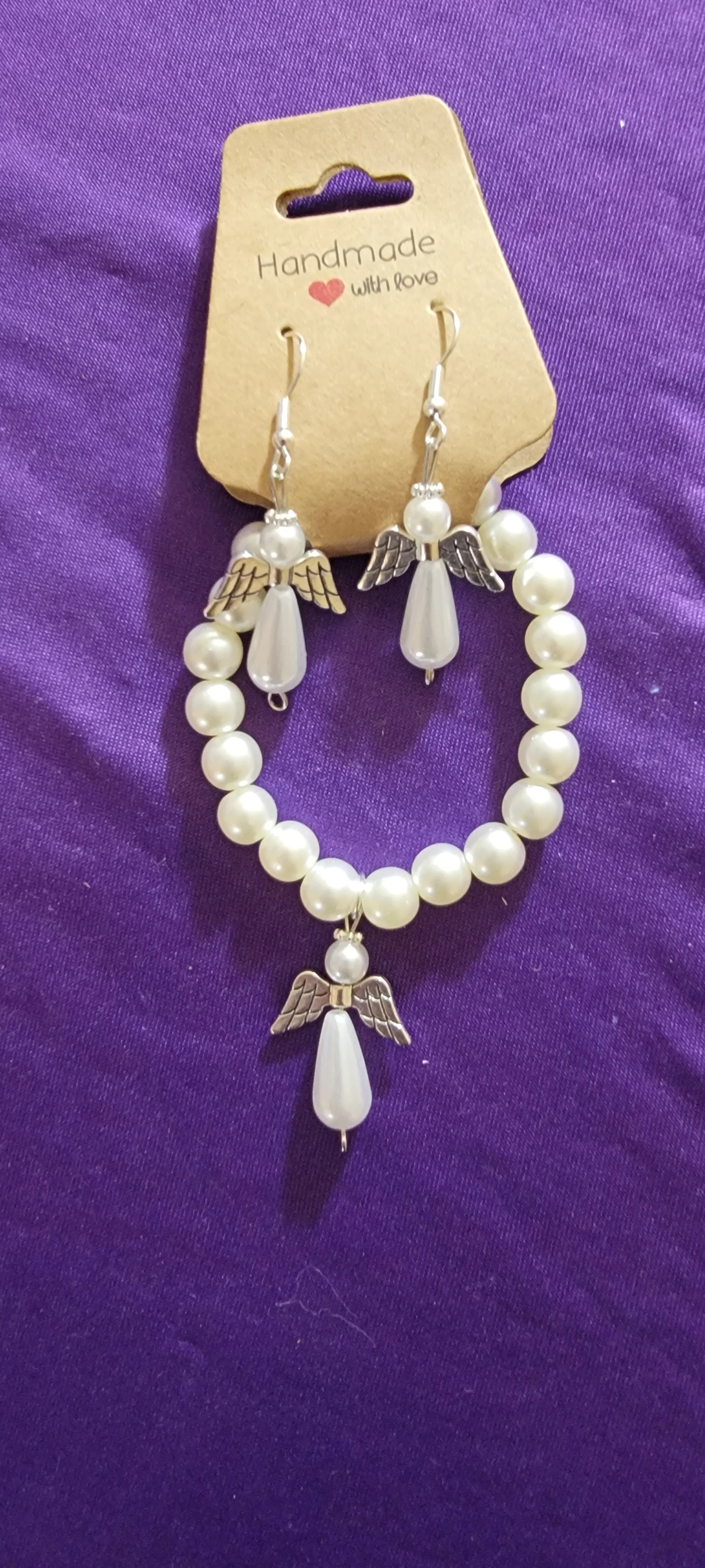White Pearl Beaded w/ Angel Charm Set