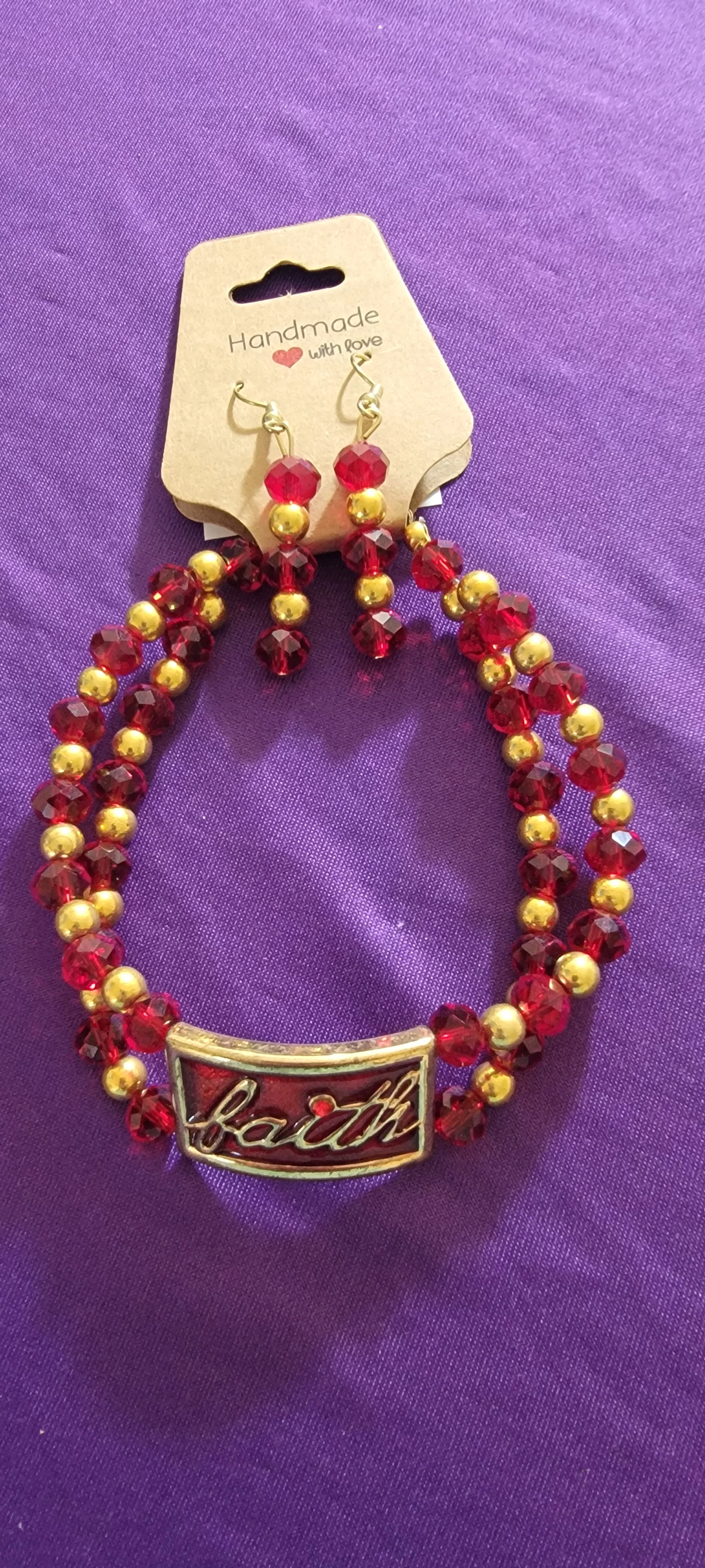 Ruby Red Gem Glass w/ Gold Wire Beaded and Faith Broach Bead Gold Clasp