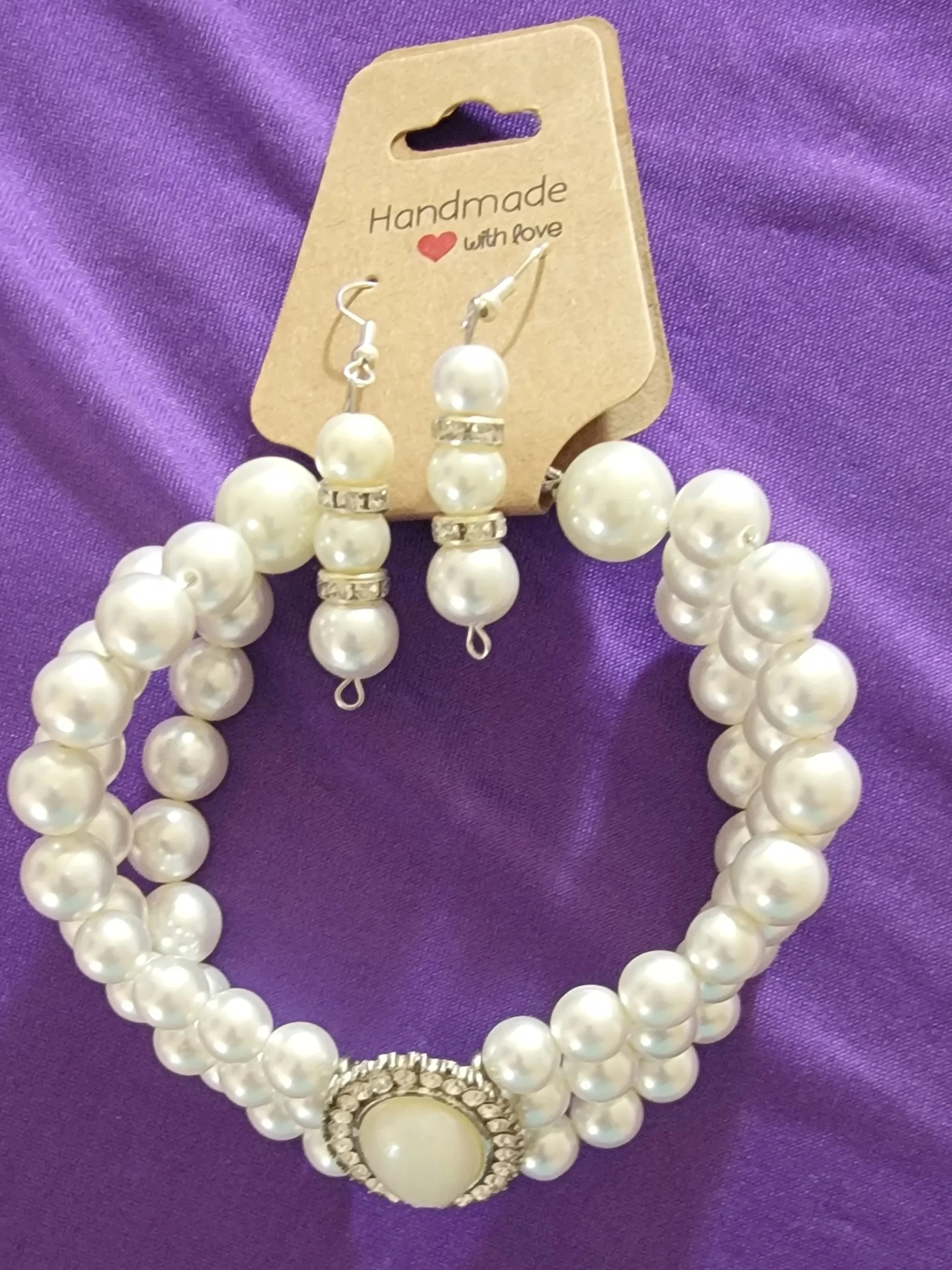 Old-Fashioned Pearl Wire Beaded w/ Pearl and Rhinestone Broach w/ Silver Clasp