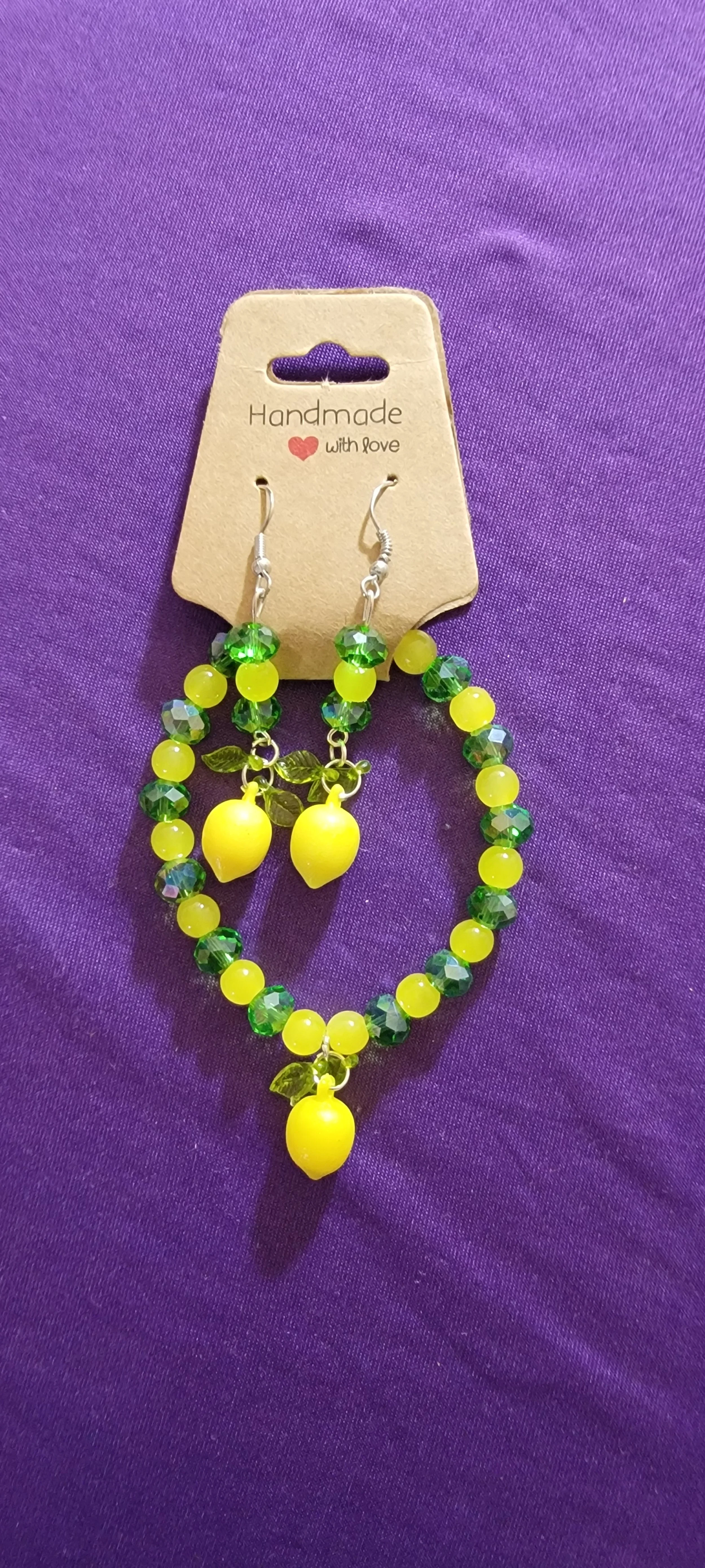 Emerald Green Gem w/ Yellow Glass Beaded and Lemon Charm Set