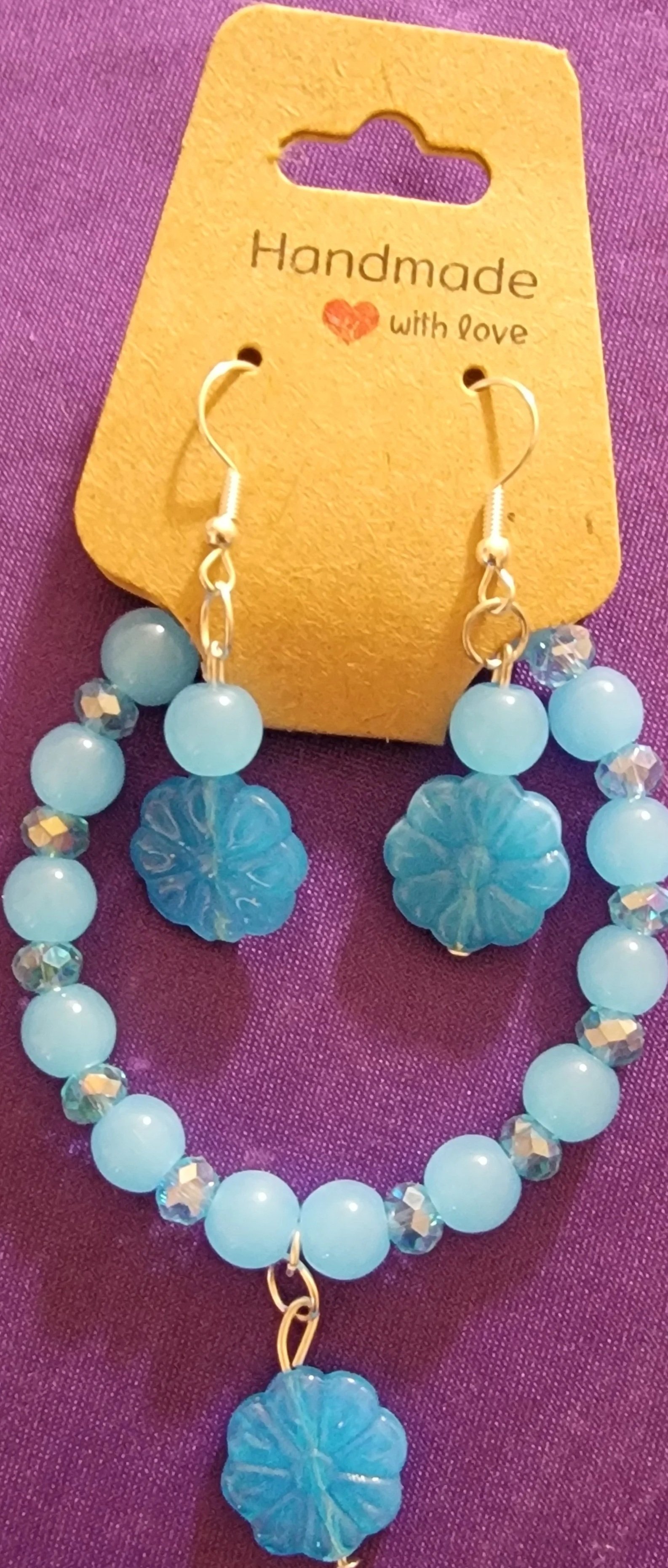 Sky Blue Glass Beaded w/ Blue Australian Crystal Beads and Blue Glass Flower Charm