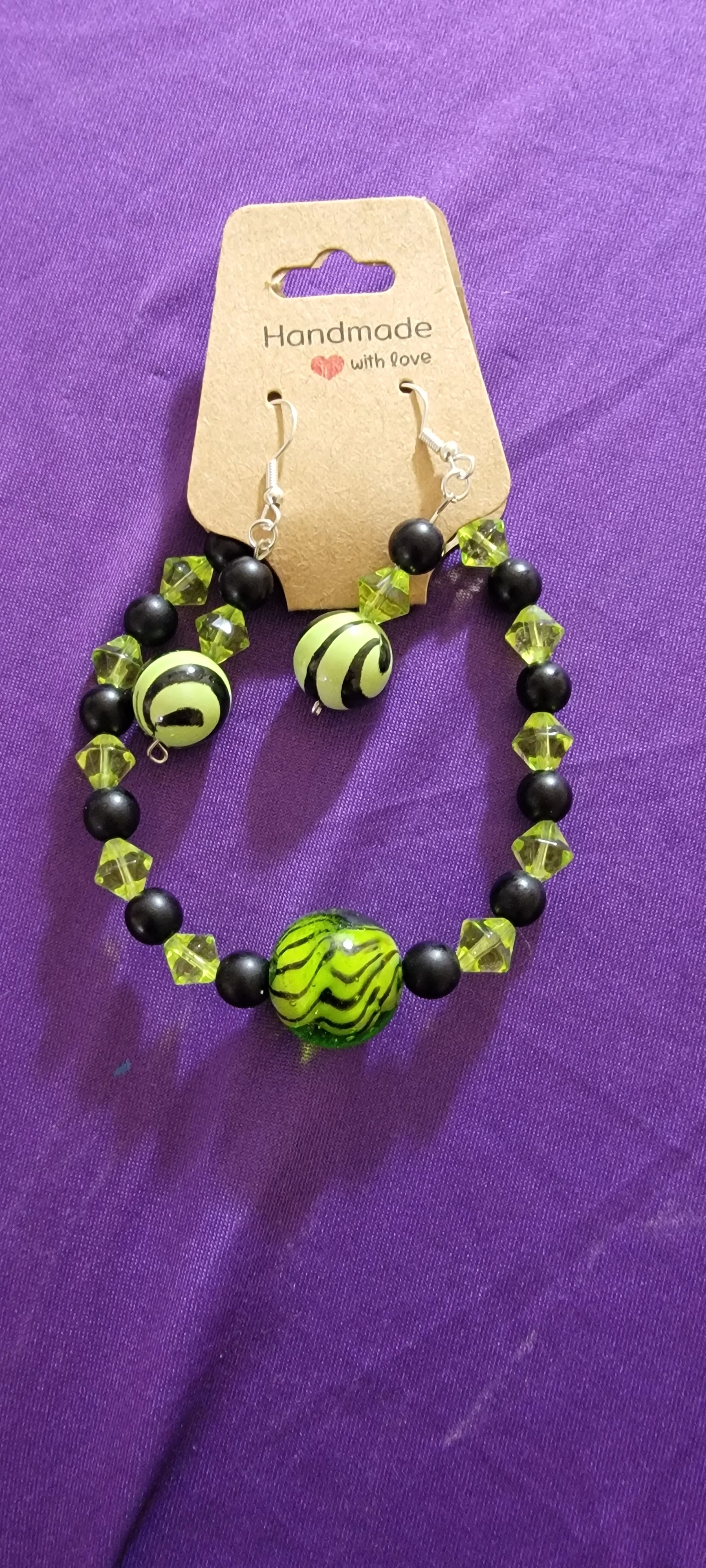 Lime Green and Black Glass Swirl Beaded Set