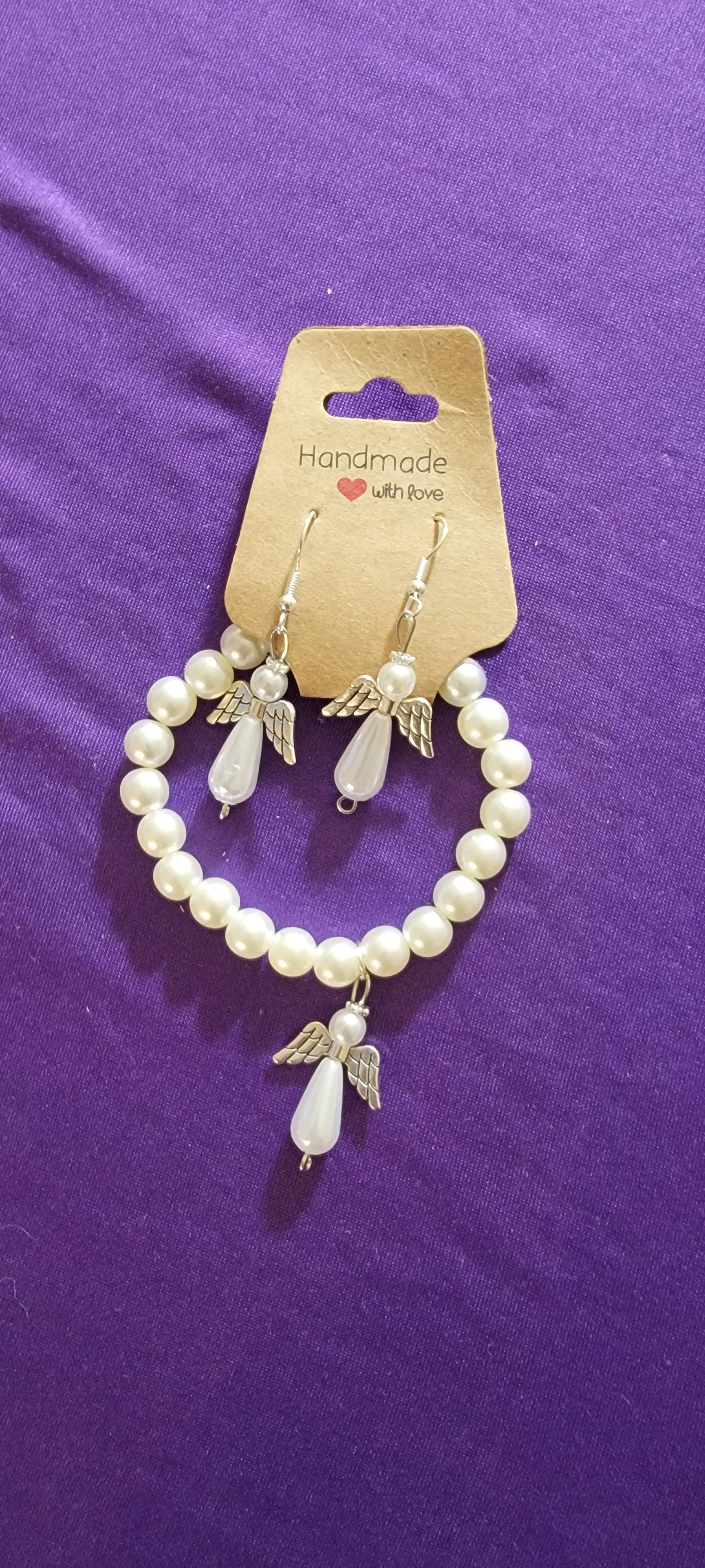 White Pearl Beaded w/ Angel Charm Set