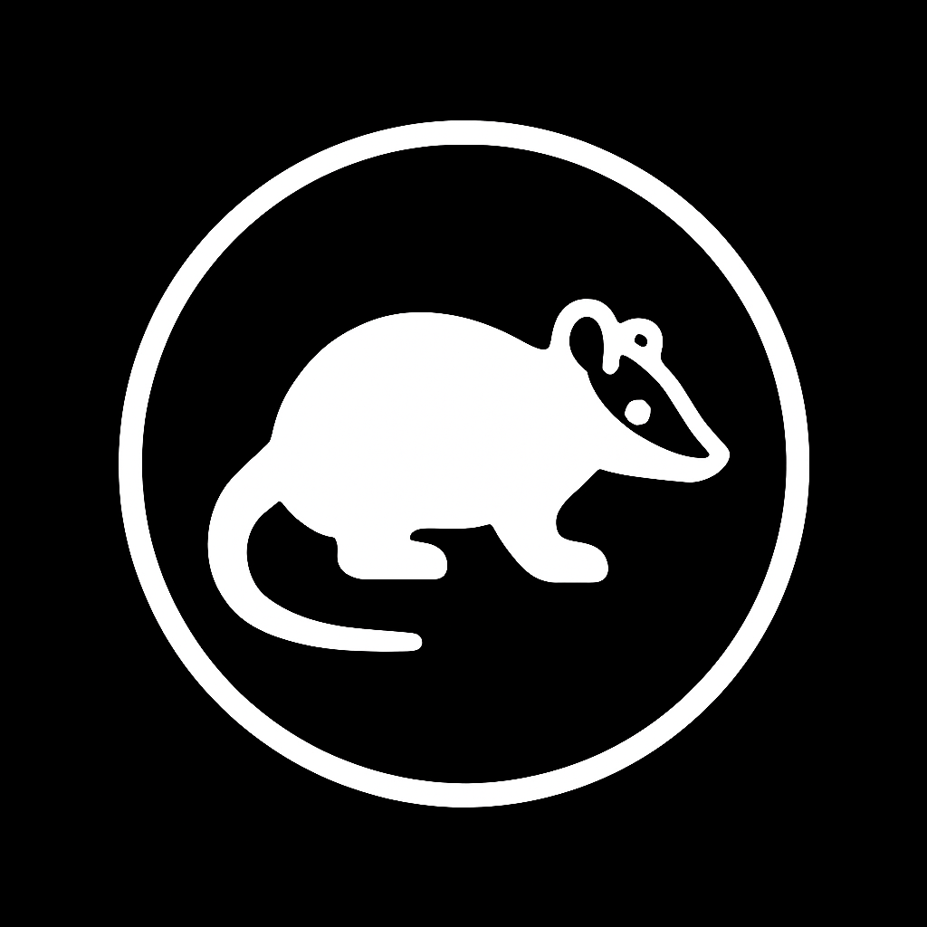 Silhouette of a mouse within a circle on a black background.