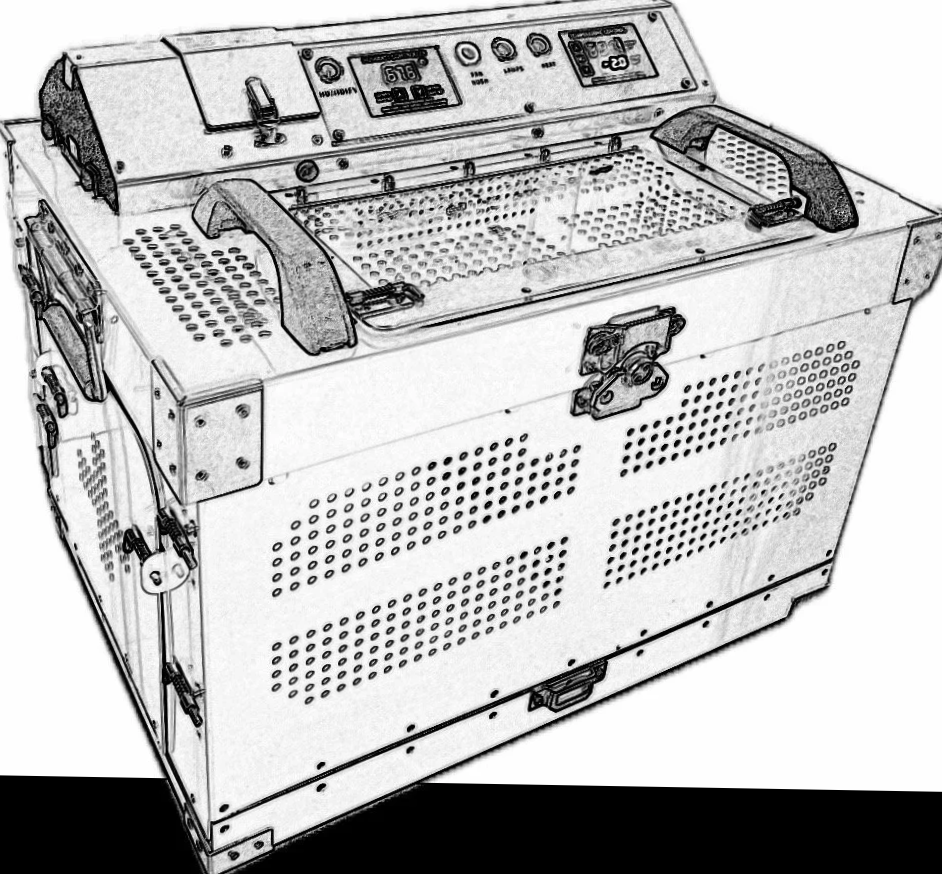 Black and white sketch of a product known as a CrittaCrib with control panel and vents.