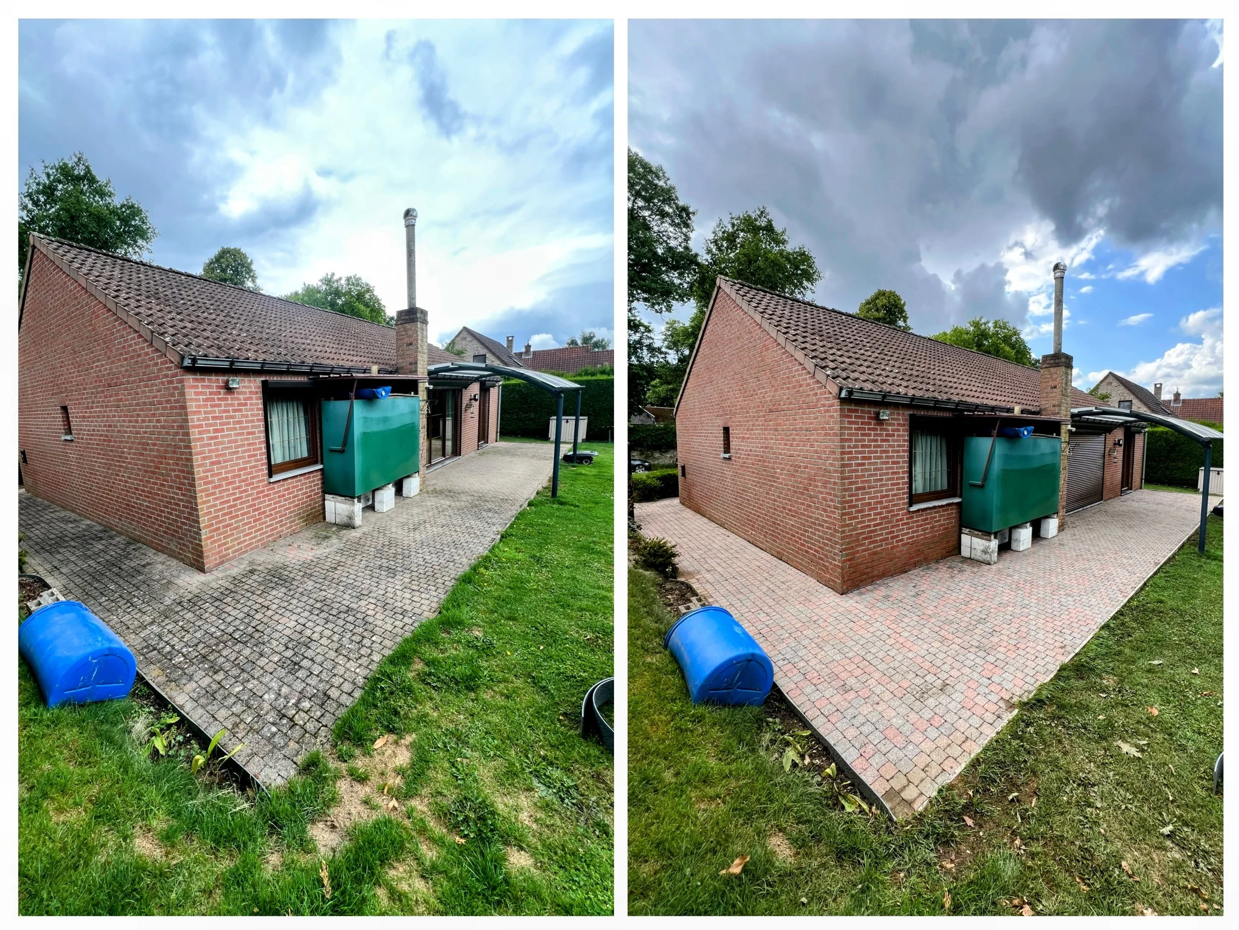 Image comparative montrant un avant après d' un nettoyage haute pression d'une terrase à thuin