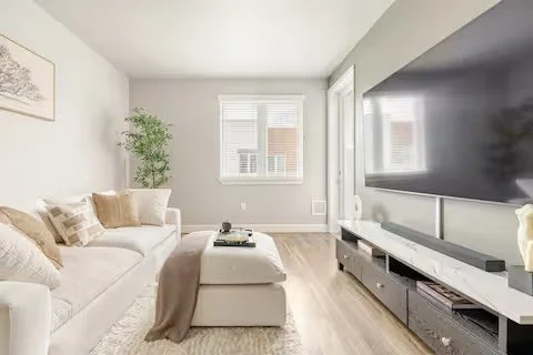 Living room with a white couch, beige pillows, a green plant, a large flat-screen TV, and a window with blinds.
