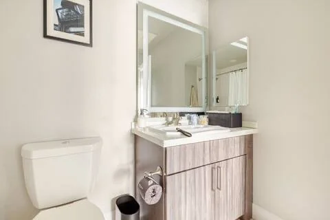 Bathroom with a toilet, a wooden vanity with a sink, mirror, and two smaller mirrors, and a framed picture on the wall.